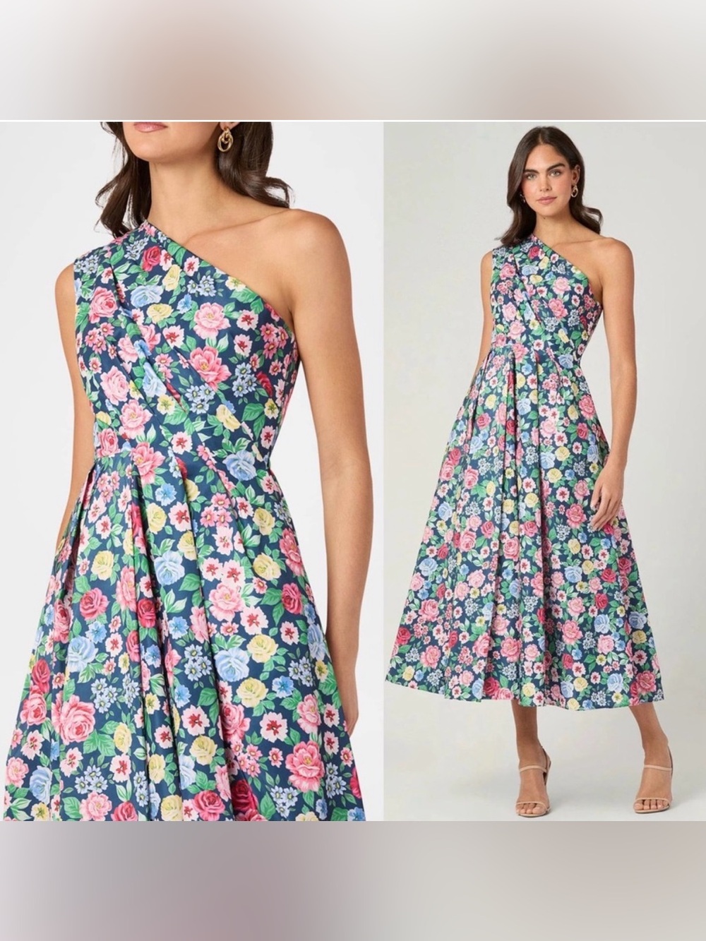NWOT Shoshanna Midnight Edina Floral Pleated One-Shoulder Midi-Dress 10
